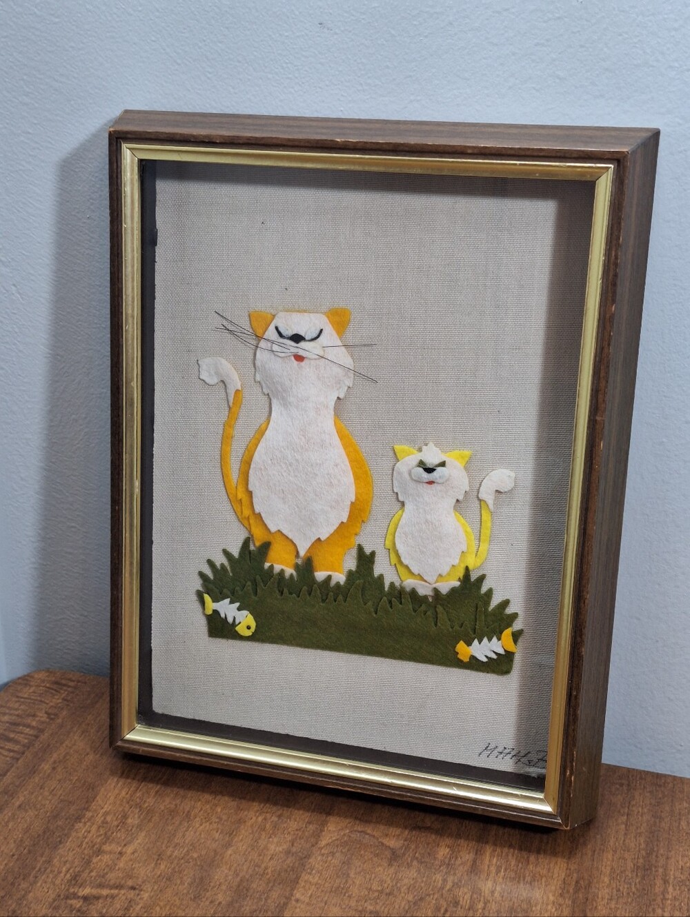 Vintage 1970s Revelle Felt Handmade Framed Signed Cat Wall Art 10x13 In Retro